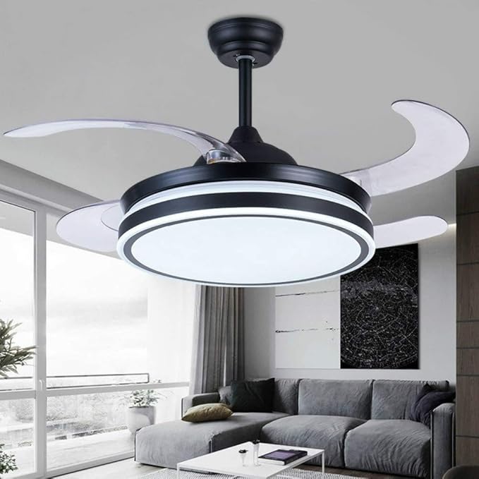 Invisible Ceiling Fans with Light Retractable Blades Modern Ceiling Fan Chandelier Remote Control Fan Lights for Living Room Indoor LED Ceiling Light Fans (42 Inch, Black-01)