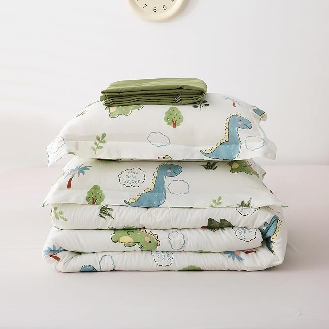 Wajade Kids Dinosaurs Comforter Set Bed in A Bag Twin Size 7 Piece Cute Green Dinosaur Jungle Bedding Set for Girls Boys (1 Comforter, 1 Flat Sheet, 1 Fitted Sheet, 2 Pillowcase and 2 Pillow Sham)