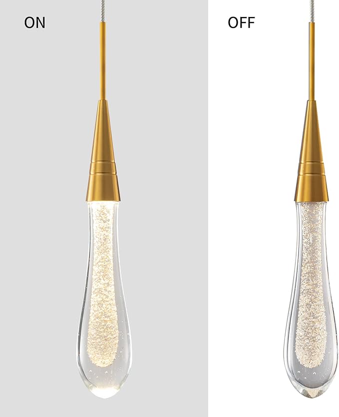 LMQNINE Kitchen Light Fixtures Ceiling Dimmable LED Modern Gold Pendant Light Mini Teardrop Crystal Pendant Light for Kitchen Island Bedroom Hallway Entryway (2-Pack)