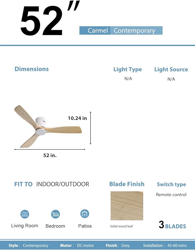 Sofucor 52'' Flush Mount Ceiling Fan without Light, Indoor Outdoor Mordern Wood Low Profile Ceiling Fan with Remote Control, Reversible Quiet DC Motor, 6 Speed, for Farmhouse Bedroom Patio Porch