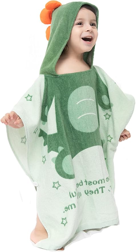 TONWHAR Kids Bath/Pool/Beach Hooded Poncho Towel-Cartoon Animal Pattern Cotton Beach Towel for Baby and Kids (Army Green Dinosaur, 1-4 Years/Height:33.4"-43.3")