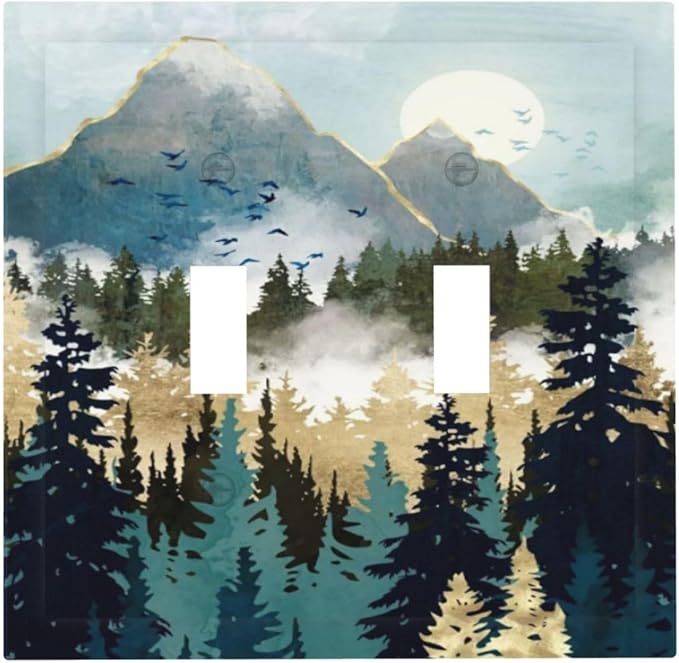 Boho Mountain Forest Abstract Sunset Sunrise Sun Double Toggle Light Switch Covers 2 Gang Wall Plate Dual Decorative Switchplate Electrical Faceplate for Country Bathroom Bedroom Decor