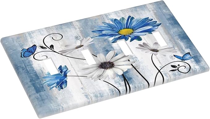 Rustic Teal Blue Daisy Floral Farmhouse Quad Toggle Light Switch Covers 4 Gang Wall Plate Decorative Switchplate Electrical Faceplate for Country Bathroom Bedroom Kitchen Decor