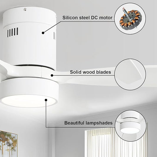 Sofucor 52 Inch Low Profile Ceiling Fan with Lights Remote Control Wood Blades Reversible DC Motor Modern Ceiling Fan for Kitchen, Bedroom, Basement, Dining, Living Room, White wood
