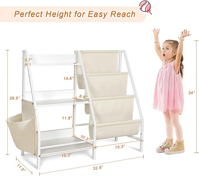 3-Tier Kids White bookshelf for Toy Storage and Display,Montessori Toddler bookcase Holds 100 Collection,Children Book Organizer Suitable for Toddler Baby Kid, Play Room,classroom,Nursery
