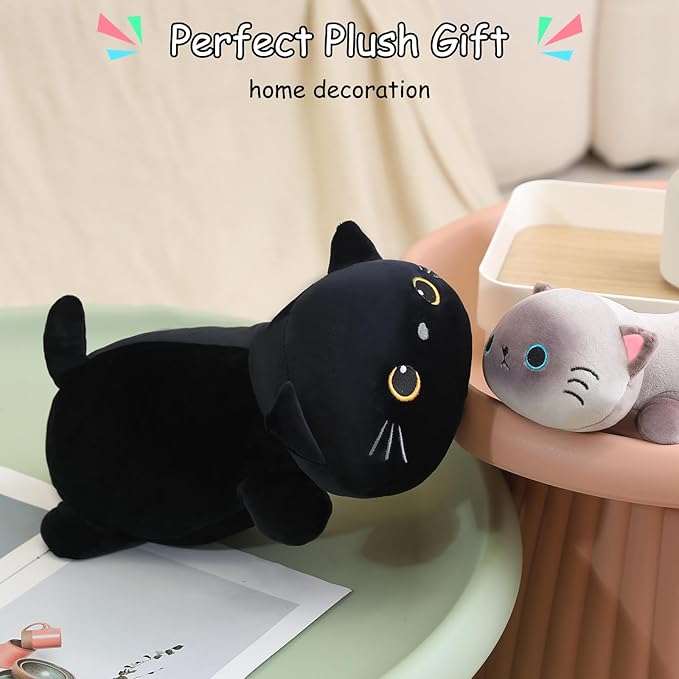 SQEQE Weighted Black Cat Plush, Weighted Black Cat Stuffed Animal for Anxiety, Cute Black Cat Plushies Soft Black Cat Pillow Toy Gift for Kids Adults 9.8 Inch, 0.8 lbs