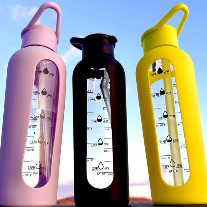 Mayim 24 Oz Glass Tumbler with Straw and Handle, Reusable Motivational Glass Water Bottle with Silicone Sleeve and Time Marker, Leak Proof Borosilicate Water Bottle -Sage