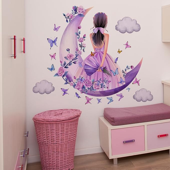 2 Sheets Princess Wall Decals Girls Room Purple Rose Floral Wall Stickers Removable Fariy Wall Decals Peel and Stick Butterfly Room Decor for Girls Bedroom Office Kids Nursery with Moon & Clouds