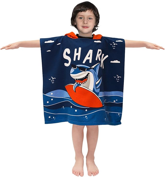 Hooded Kids Beach Towels - Toddler Bath Towel Girls Boys Swim Cover-ups for Ages 1 to 6 Kids Pool Towels Quick Dry Lightweight Soft Microfiber Poncho Towel 24x23 (Shark Surfing)