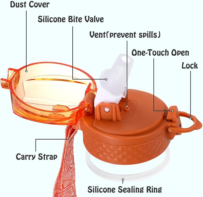 OLDLEY Replacement Straw Lid for 15 oz Water Bottle, Leakproof Spillproof Dustproof One-Click Open Cap with Carry Strap