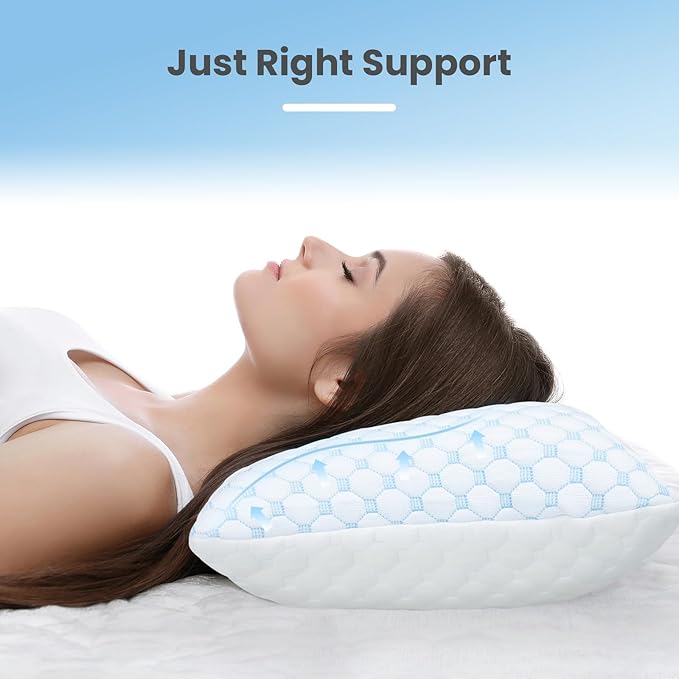 Shredded Memory Foam Pillows for Sleeping Side Sleeper Pillow Support Adjustable Bed Pillow Standard Pillow with 2 Extra Fill Blue
