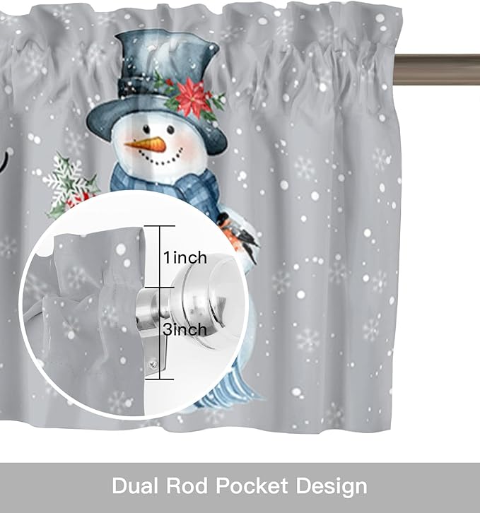 Snowman Christmas Valance Curtains for Kitchen Windows Let It Snow Winter Holiday Rod Pocket Window Treatment Toppers for Kitchen/Living Room/Bedroom/Bathroom, 42" X 18", Grey White