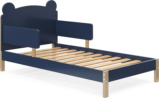 Storkcraft Teddy Bear Toddler Bed (Midnight Blue with Driftwood) - GREENGUARD Gold Certified, includes Toddler Safety Guardrails, Fits Standard Crib & Toddler Mattress, Stylish 2-Tone Design