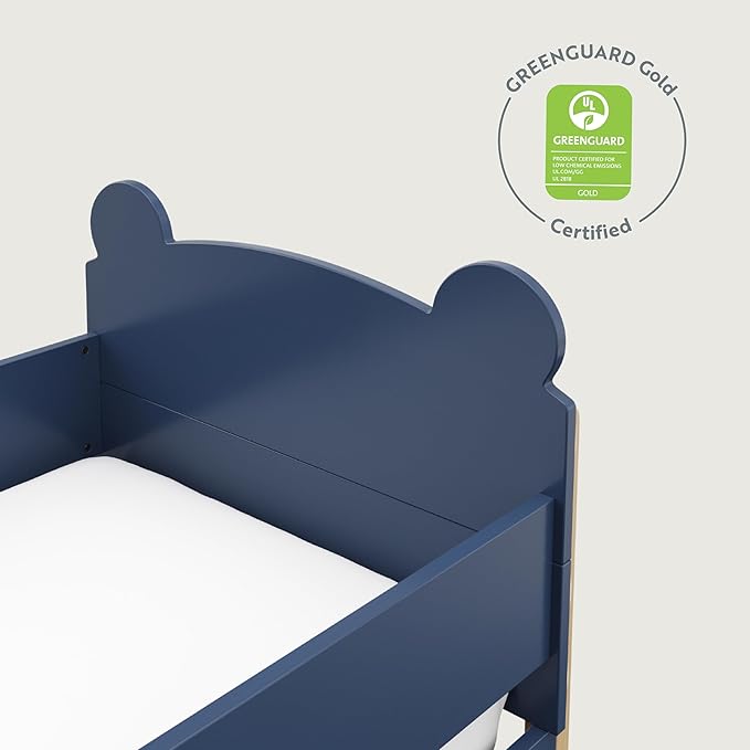 Storkcraft Teddy Bear Toddler Bed (Midnight Blue with Driftwood) - GREENGUARD Gold Certified, includes Toddler Safety Guardrails, Fits Standard Crib & Toddler Mattress, Stylish 2-Tone Design