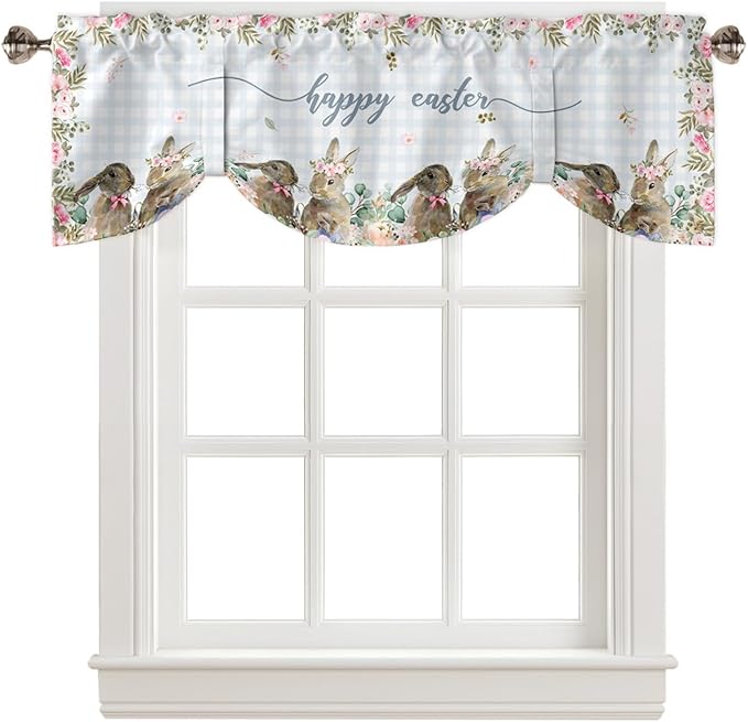 Rabbits Flowers Easter Blackout Tie Up Valance Curtains for Kitchen Windows Eucalyptus Leaf Spring Summer Window Toppers Balloon Shades for Living Room/Bathroom/Bedroom,1 Panel, 54" X 18,Buffalo Plaid