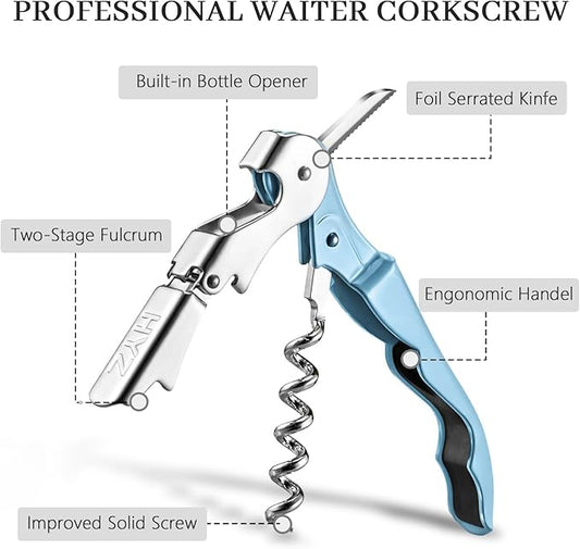 HYZ 2-Pack Wine Opener Waiter Corkscrew, Professional Wine Key for Servers, Bartender with Foil Cutter, Manual Wine Bottle Opener Double Hinged (Sky Blue)