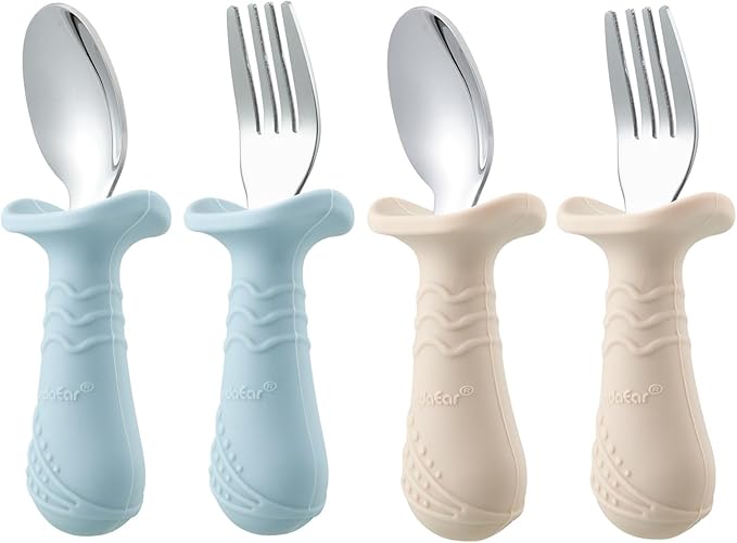 PandaEar Baby Toddler Fork and Spoon Utensil Set, 6 Pack Silicone Stainless Steel Silverware Spoon Fork for Babies Toddler, BPA Free with Silicone Holding Anti-Choke Design (Blue&Green&Light Tan)