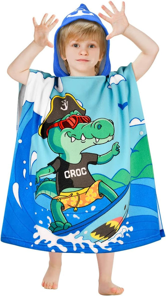 HUANLANG Kids Hooded Beach Towel for Boys Girls,Bath Pool Beach Poncho Towels Super Soft & Absorbent Cotton Towel Childrens Crocodile Beach Towels for Toddler 0-7 Years Old