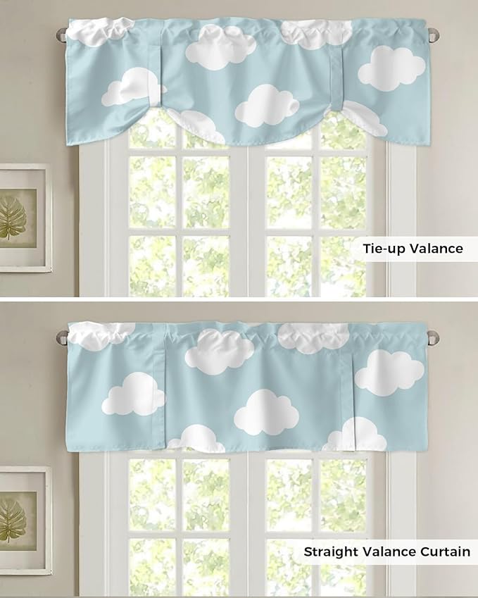 Kids Blackout Tie Up Valance Curtains for Kitchen Windows Blue White Cloud Cartoon Window Toppers Balloon Shades for Living Room/Bathroom/Bedroom,1 Panel,60" X 18"