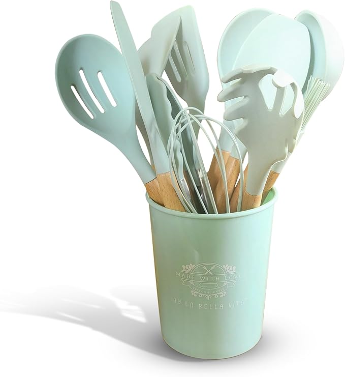 Silicone Utensil Set, 12 PCS Wooden Handle Nontoxic BPA Free 100% Food Grade Silicone Spoon Spatula Ladle Turner Tongs Kitchen Gadgets Utensil Set for Nonstick Cookware (Light Green)