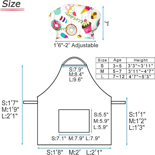 Kids Apron Chef Hat Set for Boys and Girls Adjustable Neck Strap Hook and Loop Fastener Design Waistband for Baking