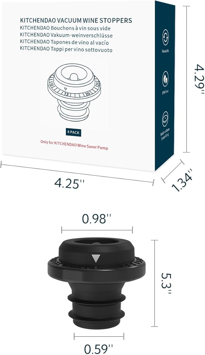KITCHENDAO Wine Saver Vacuum Stoppers for Wine Bottles,Keep Wine Fresh for Up to a Week with Airtight Seal,Suitable for KITCHENDAO Wine Saver Pump,Set of 4 (Black)