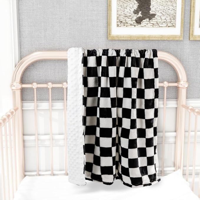 Soft Checkered Baby Blankets for Unisex Girls or Boys Breathable Gender Neutral Nursery Double Layer Blankets with Dotted Backing for Newborn Toddlers (30” X 40”)