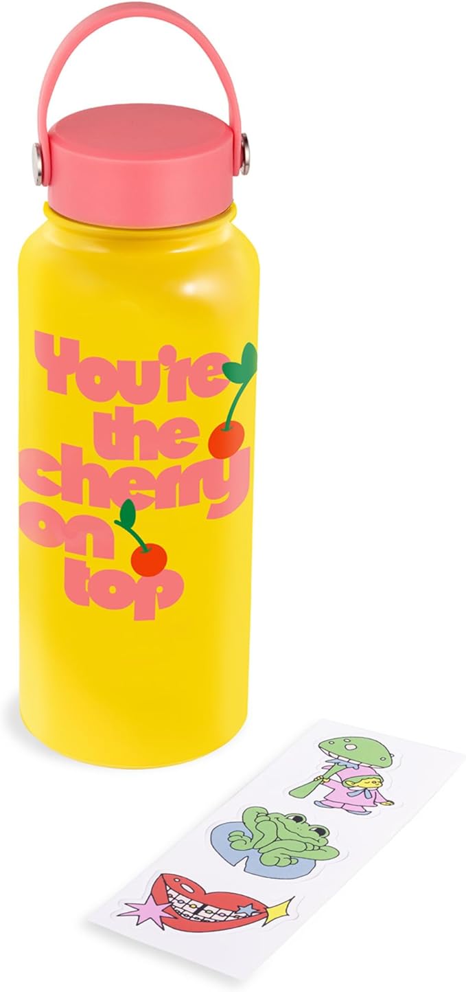 ban.do Large Water Bottle with Waterproof Sticker Pack, Stainless Steel Double Wall Tumbler, 33 Oz Insulated Metal Water Bottle with Twist on Lid and Strap (Cherry on Top)