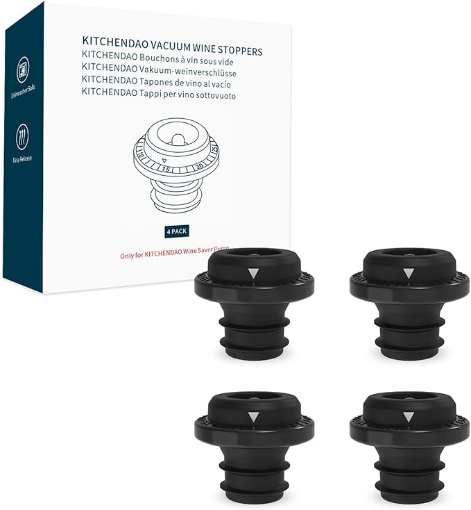 KITCHENDAO Wine Saver Vacuum Stoppers for Wine Bottles,Keep Wine Fresh for Up to a Week with Airtight Seal,Suitable for KITCHENDAO Wine Saver Pump,Set of 4 (Black)