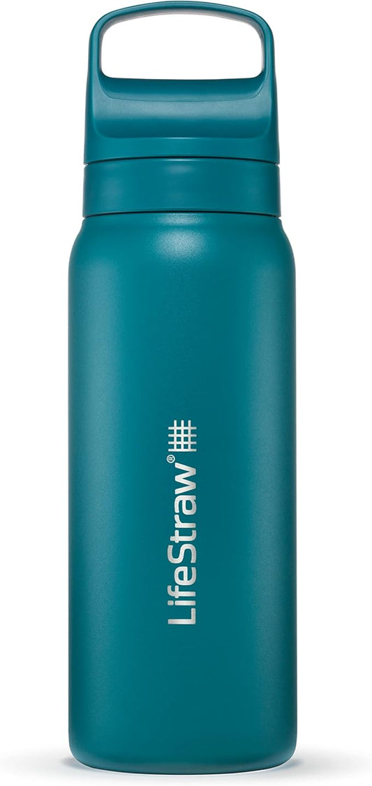 LifeStraw Go Series – Insulated Stainless Steel Water Filter Bottle for Travel and Everyday use removes Bacteria, parasites and microplastics, Improves Taste, 24oz Laguna Teal