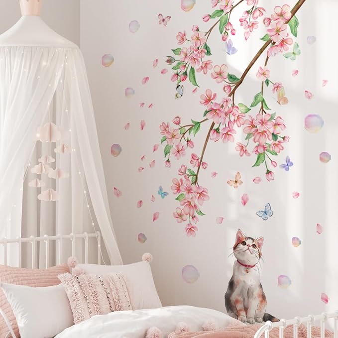 Pink Flower and Cat Wall Stickers - Set of 2, Easy to Apply, Stylish Home Decor