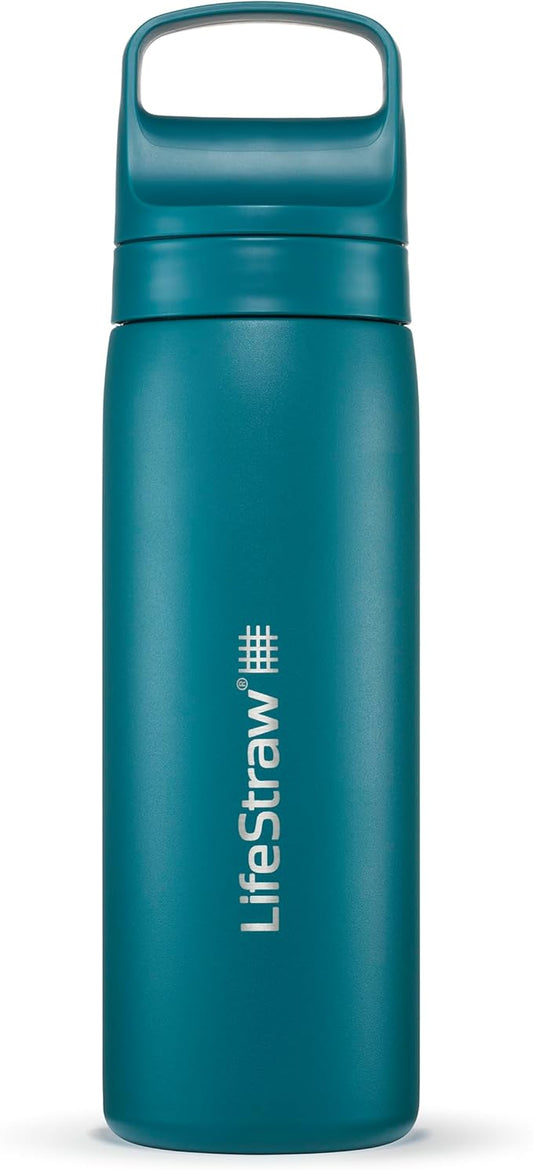 LifeStraw Go Series – Double Wall BPA-Free Vacuum Insulated 18 oz Stainless Steel Water Filter Bottle for travel and everyday use; Laguna Teal