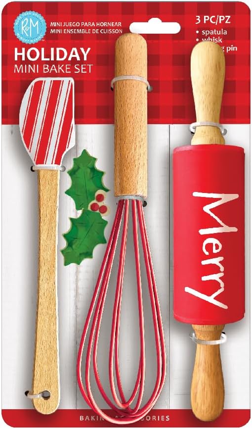 Christmas Holiday Mini Bake Set. Includes mini-Spatula, Whisk and Rolling Pin. Great Christmas gift idea for teachers, and stocking stuffers.