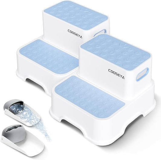 2 Step Stools for Kids,Toddler Step Stool for Bathroom Sink,No-Slip Double up Step Stool for Toddlers Bathroom, Multifunctional Toilet Step Stool for Kids,Toilet Potty Training(2 Packs)(Blue)