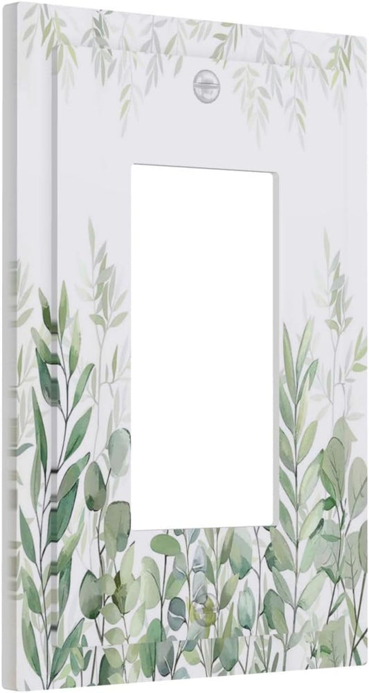 Green Eucalyptus Rustic Botanical Plant Leaves 1 Gang Rocker Boho Light Switch Covers Decorative Single Decora Outlet Wall Plate Faceplate Switchplate GFCI for Country Bedroom Bathroom Decor
