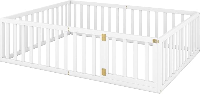 Queen Size Floor Bed with Fence, Solid Wood Floor Bed Frame for Kids with Door, Twin Platform Bed for Boys and Girls Kids Teens, Fun Design, for Children Bedroom