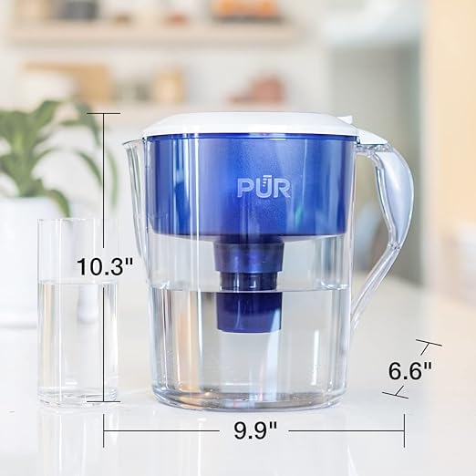 PUR 11-Cup Water Pitcher with 1 Genuine PUR Filter, 2-in-1 Faster Filtration, Dishwasher Safe, Filter Change Light, Easy Fill Lid, LockFit lid, Blue/White (CR1100C)