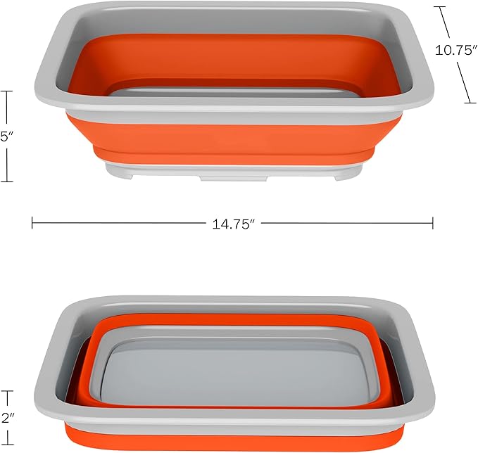 Set of 2 Multipurpose Wash Bins – 10-Liter Basins for Travel or Cleaning – Collapsible Bucket Camping Accessories by Wakeman (Orange)