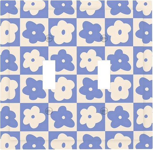 Blue and Cream Floral Checked Plaids Double Toggle Light Switch Covers 2 Gang Wall Plate Dual Decorative Switchplate Electrical Faceplate for Bathroom Country Kitchen Bedroom Decor, 4.9" x 5"