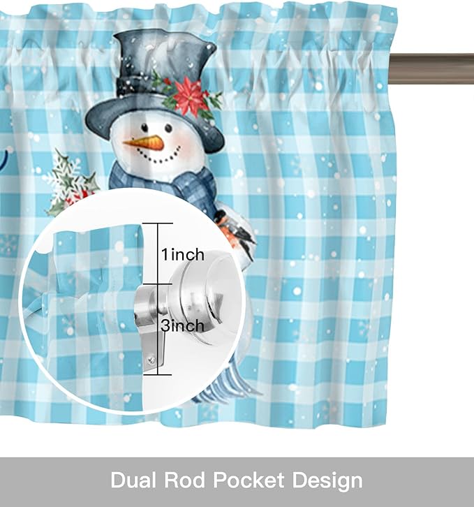 Snowman Christmas Valance Curtains for Kitchen Windows Let It Snow Winter Holiday Rod Pocket Window Treatment Toppers for Kitchen/Living Room/Bedroom/Bathroom, 42" X 18", Blue White Buffalo Plaid