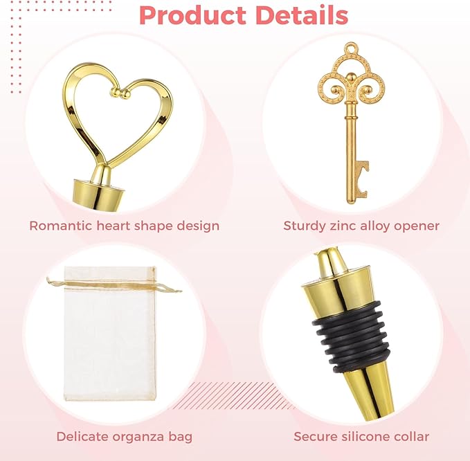 Gold Stainless Steel Love Design Wine Bottle Stoppers, Including 30 Wine Stoppers, 30 Wine Openers, 100 Tags, 100 Organza Bags, 1 Roll of Ropes, Wedding Bridal Shower Favors, Party Souvenir Gifts