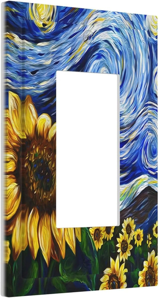 Vintage Abstract Blue Starry Sunflower 1 Gang Rocker Light Switch Covers Single Decora Outlet Wall Plate Decorative Switchplate Faceplate GFCI for Farmhouse Country Bedroom Decor