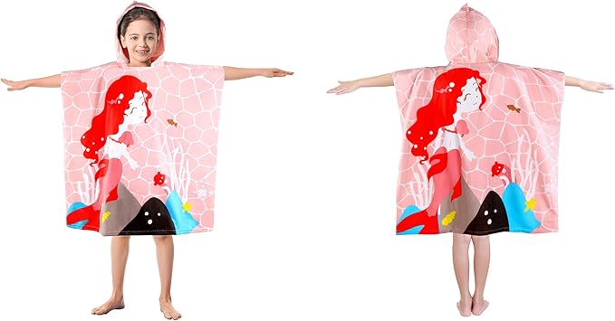 Kids Pink Mermaid Hooded Beach Towel Girls Cute Poncho Pool Towels with Hood 29*59" Soft Microfiber Swim Cover-ups for Kids Ages 3-10 Thick Absorbent Cotton Hooded Bath Towel Wrap Bathrobe