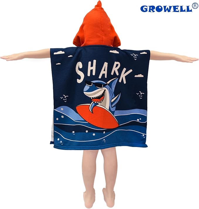 Hooded Kids Beach Towels - Toddler Bath Towel Girls Boys Swim Cover-ups for Ages 1 to 6 Kids Pool Towels Quick Dry Lightweight Soft Microfiber Poncho Towel 24x23 (Shark Surfing)