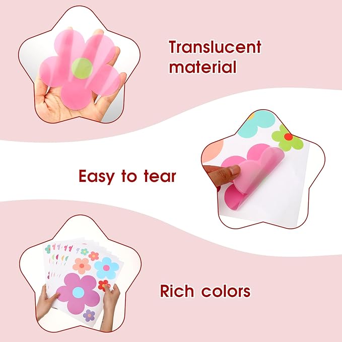 63pcs Cute Flowers Wall Sticker PVC Colorful Y2k Floral Wall Decor Vinyl Peel and Stick Flowers Stickers for Teen Girls Boy Kids Nursery Bedroom Kindergarten(9 Sheets, Bright Colors)