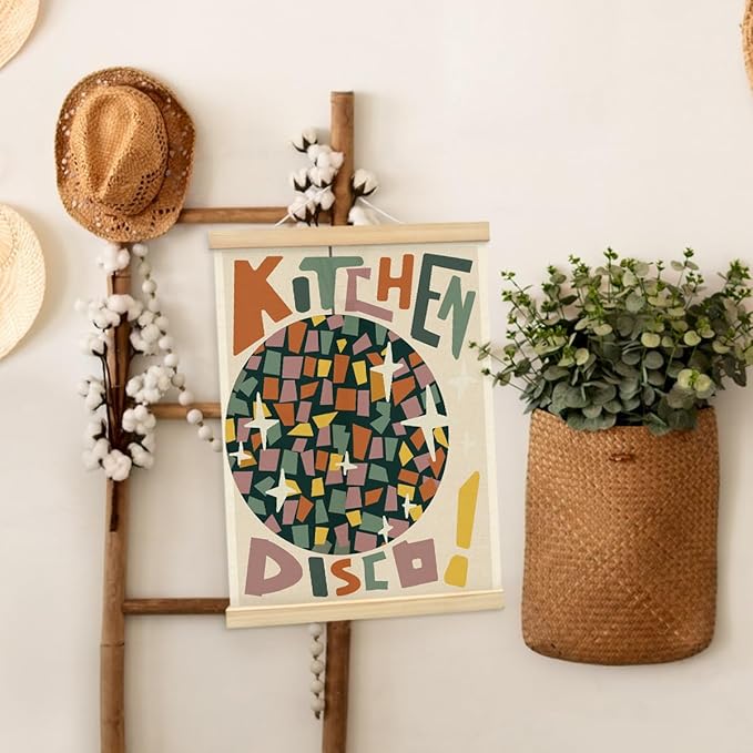 BIWSHA Kitchen Disco Posters Retro Preppy Disco Ball Canvas Poster Framed Hanger 12x16 Inch,Trendy Funny Disco Poster Framed with Wood Hanger for Home Kitchen