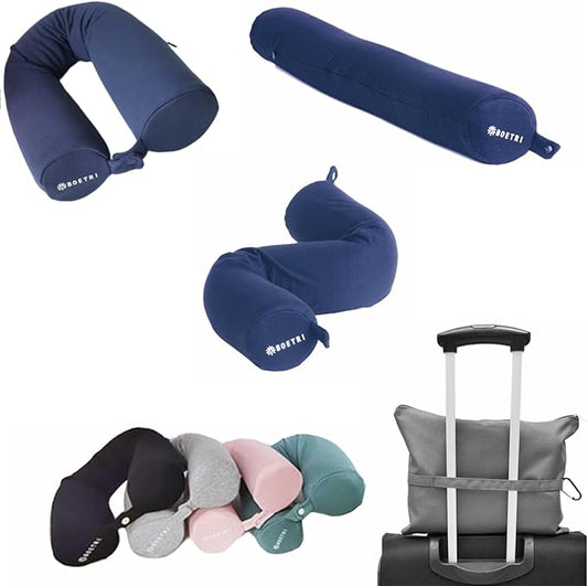 Twist Memory Foam Travel Pillow - Cotton Cover - Travel Bag Included - Adjustable, Bendable Pillow for Neck, Head, Chin, Lumbar and Leg Support (Blue)