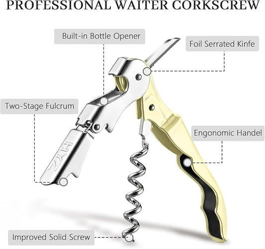 HYZ 2-Pack Wine Opener Waiter Corkscrew, Professional Wine Key for Servers, Bartender with Foil Cutter, Manual Wine Bottle Opener Double Hinged (Light Yellow)