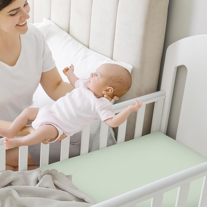 Pack and Play Sheets Fitted, 2-Pack Mini Crib Sheets - Pack N Play Sheets, Organic Fitted Crib Sheet for Pack and Play Mattress, Playard Baby Crib Sheets, Crib Sheets Neutral for Boys, Girls (Sage)