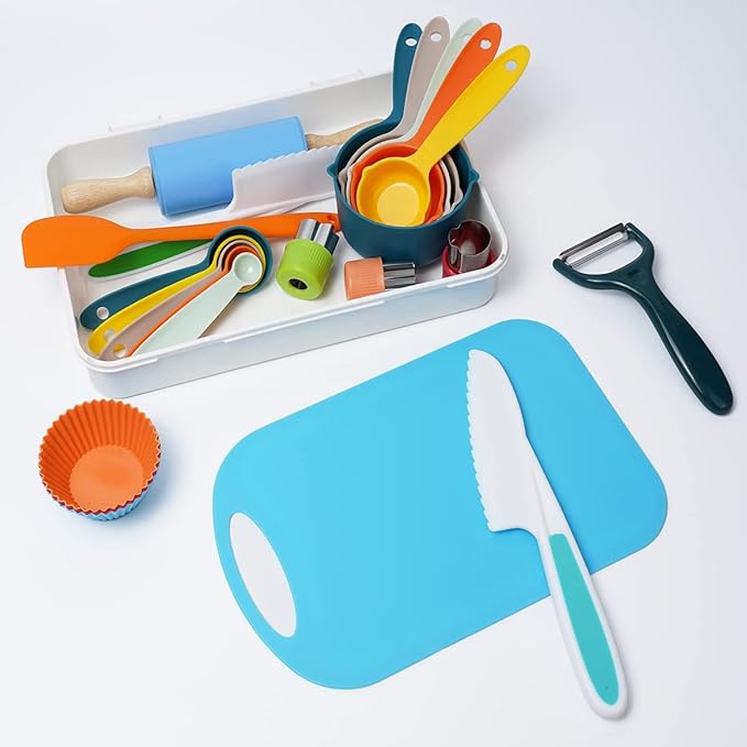 Kids Cooking and Baking Supplies Set with Gift Storage Box, Complete junior chef cooking Kit, Girls & Boys Childrens Real Bakeware Accessories, Real Cookware and Baking Utensils Sets for Kids